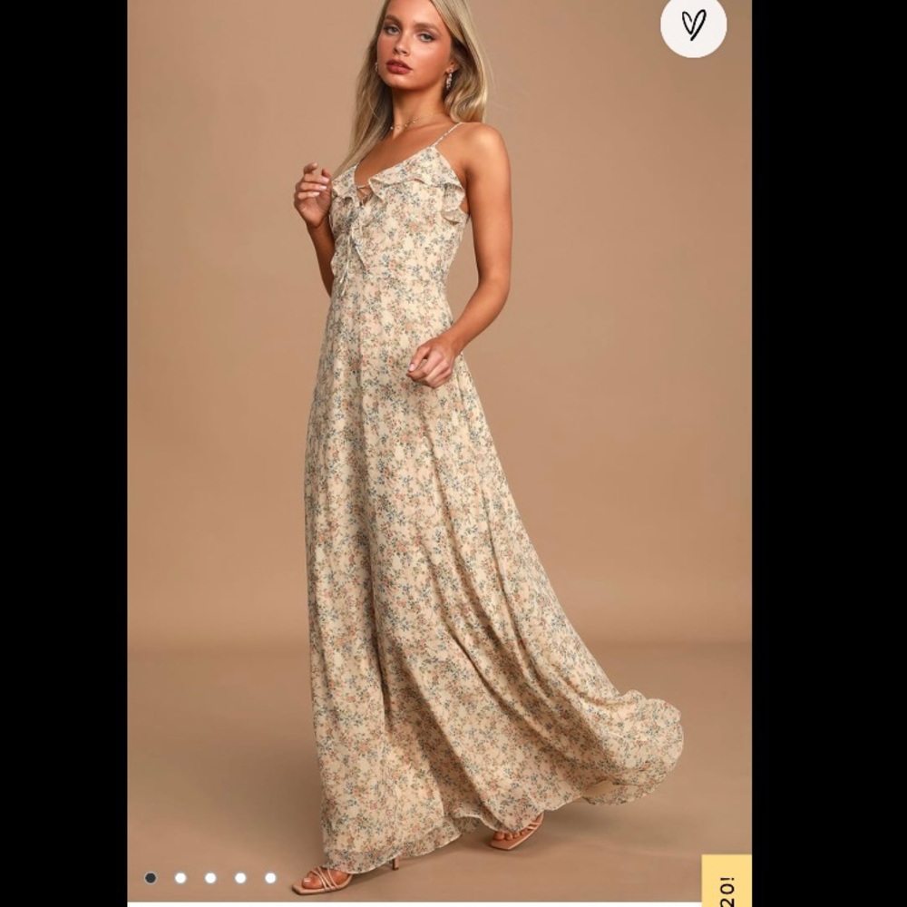 Lulus caught me blushing cream floral print ruffled maxi dress